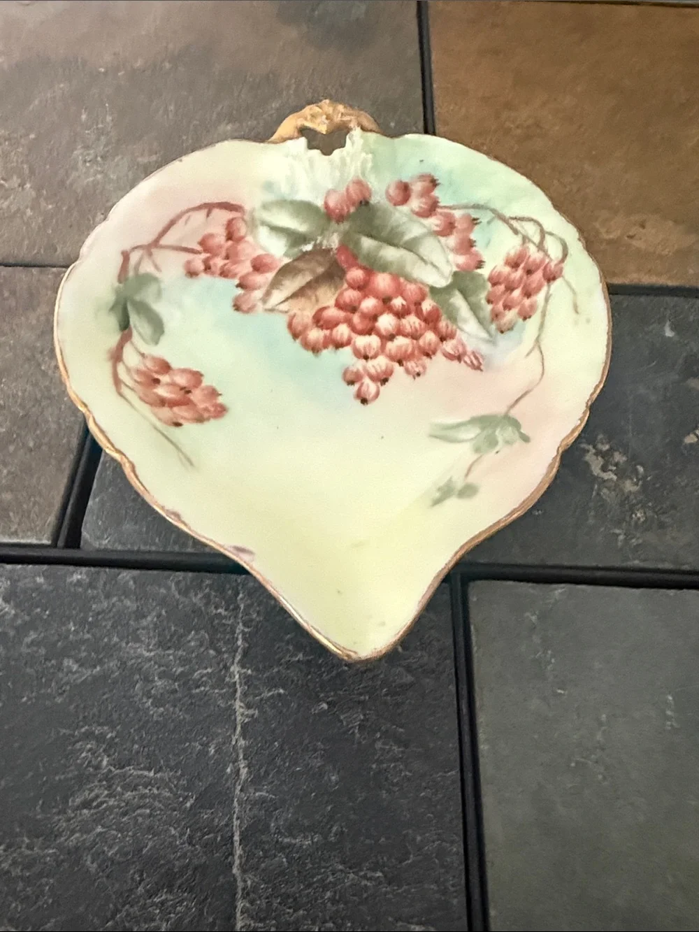 Antique Weimar Germany Porcelain Leaf Trinket Dish Berries Gold Trim Hand Paint